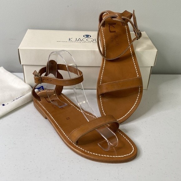 K.Jacques Laura Flat Sandals Pul Natural Handmade Leather Double-Strap - Picture 13 of 15